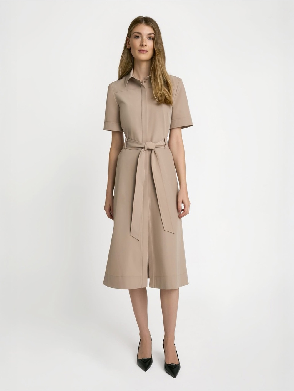 JUDITH & CHARLES - 🇨🇦 - Belted, A-line, Button-front, Midi Dress in sand. Size 8
